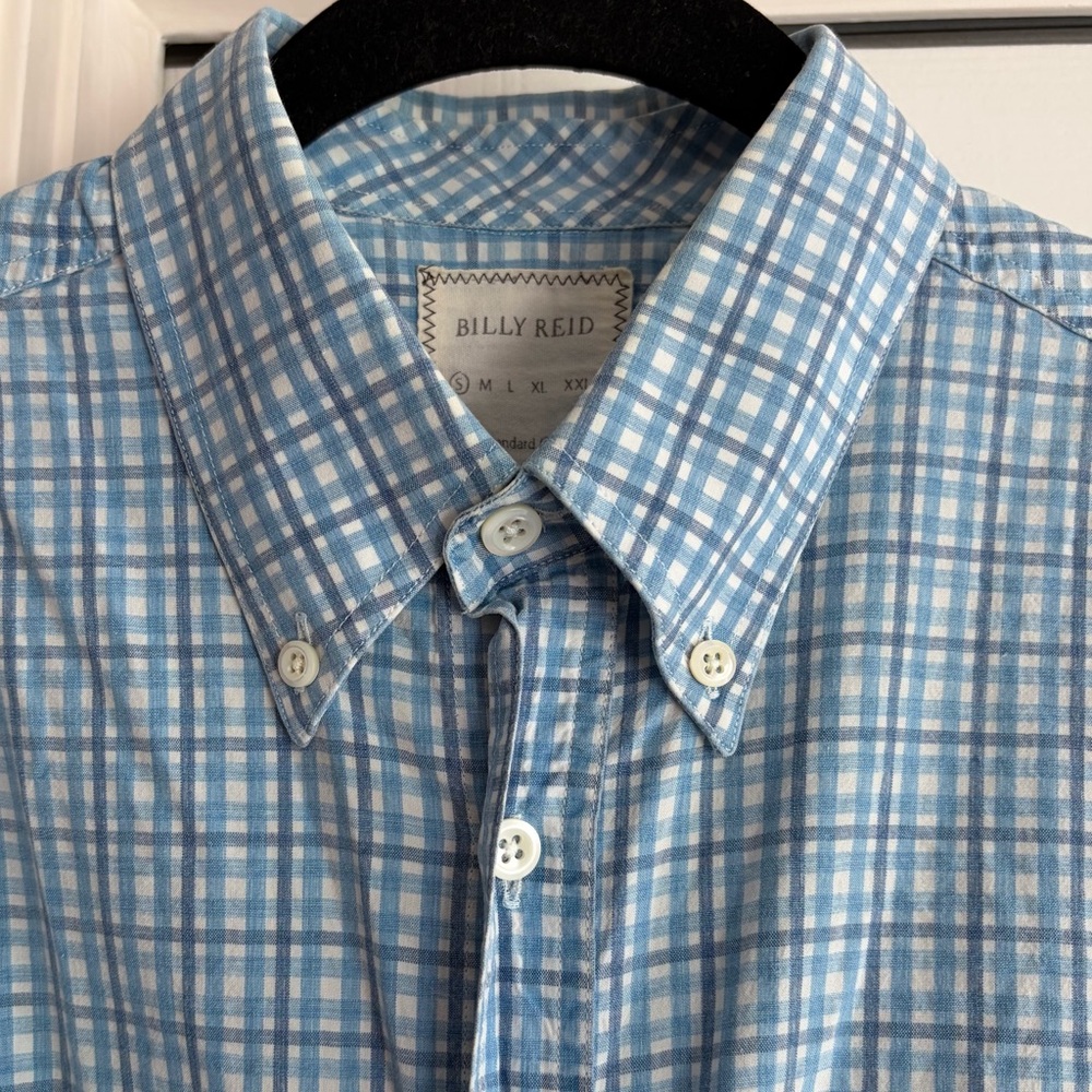 Billy Reid Blue Checkered Plaid Standard Cut Button Down Shirt